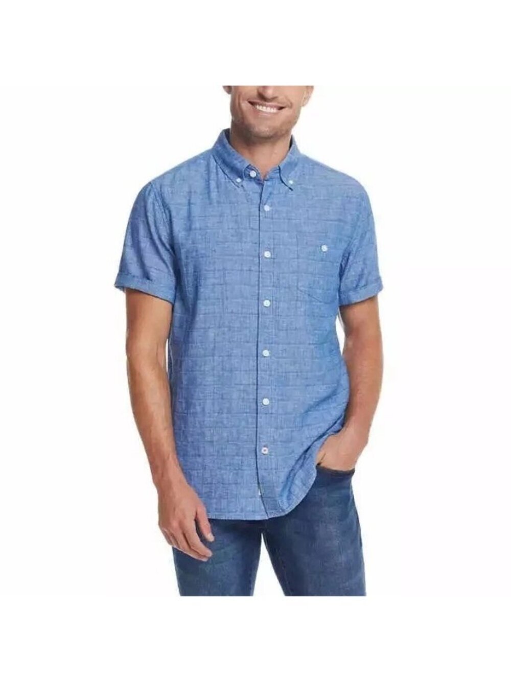 NWT Weatherproof Vintage Men's M Blue Short Sleeve  Linen Button up Shirt C0638